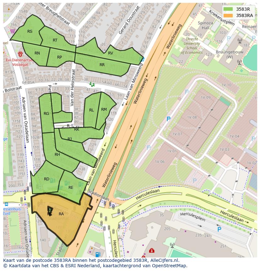 Afbeelding van het postcodegebied 3583 RA op de kaart.