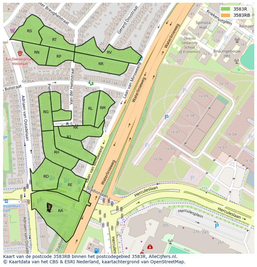 Afbeelding van het postcodegebied 3583 RB op de kaart.