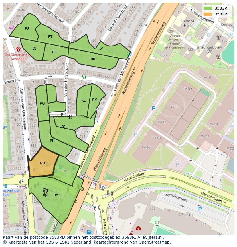 Afbeelding van het postcodegebied 3583 RD op de kaart.