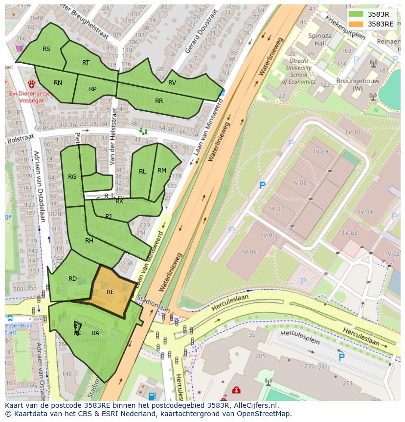 Afbeelding van het postcodegebied 3583 RE op de kaart.