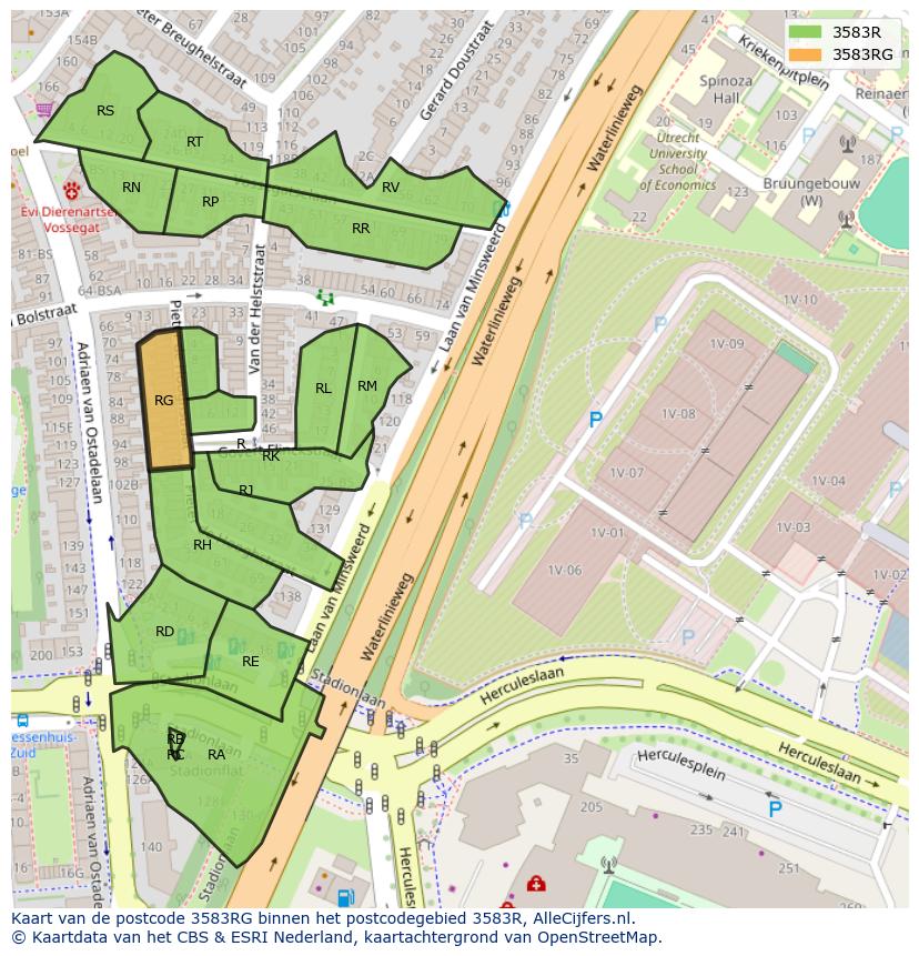 Afbeelding van het postcodegebied 3583 RG op de kaart.