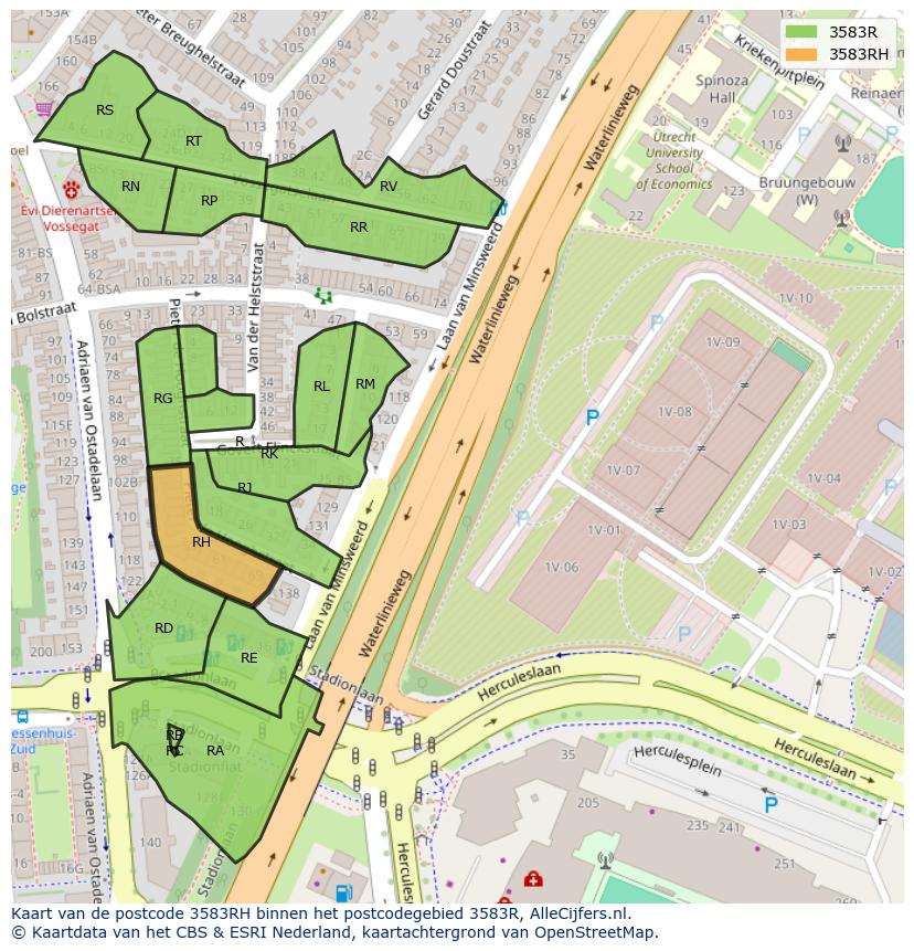 Afbeelding van het postcodegebied 3583 RH op de kaart.