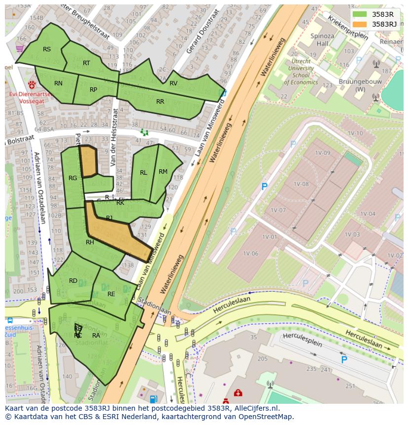 Afbeelding van het postcodegebied 3583 RJ op de kaart.