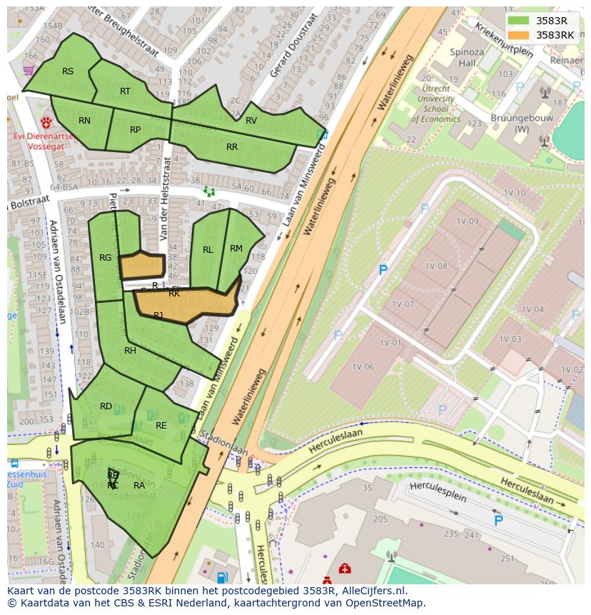 Afbeelding van het postcodegebied 3583 RK op de kaart.
