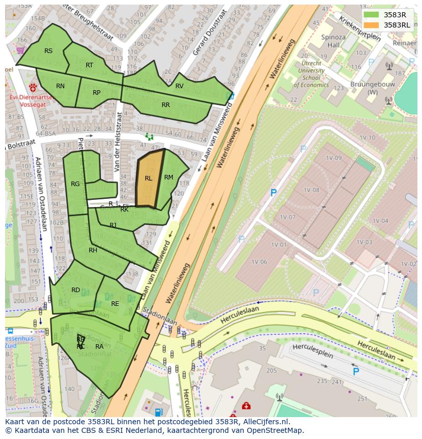 Afbeelding van het postcodegebied 3583 RL op de kaart.