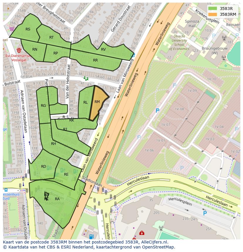 Afbeelding van het postcodegebied 3583 RM op de kaart.
