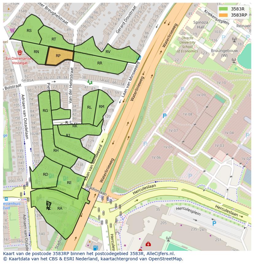 Afbeelding van het postcodegebied 3583 RP op de kaart.