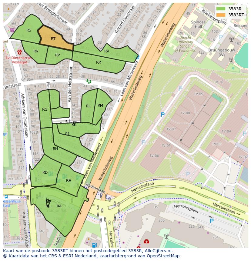 Afbeelding van het postcodegebied 3583 RT op de kaart.
