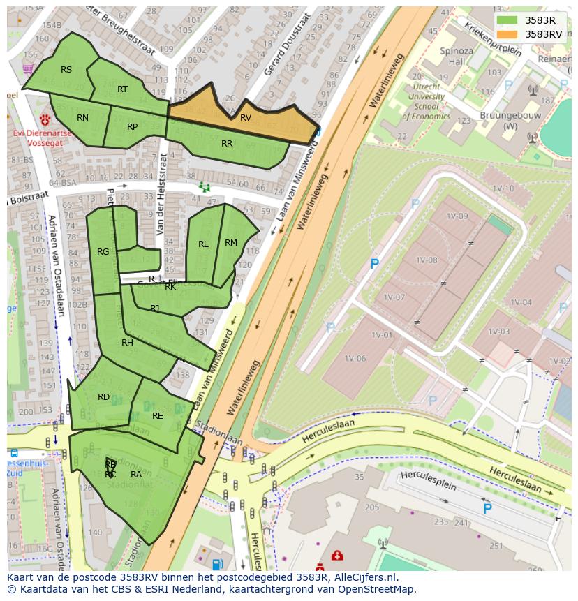 Afbeelding van het postcodegebied 3583 RV op de kaart.