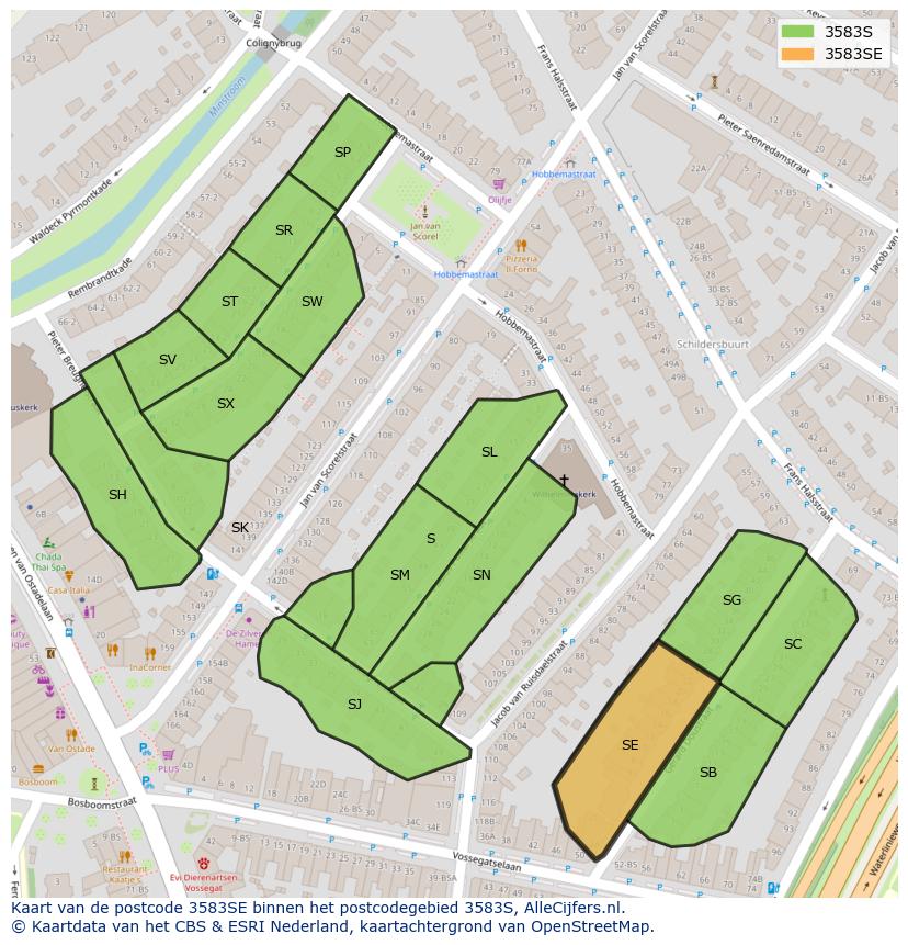 Afbeelding van het postcodegebied 3583 SE op de kaart.