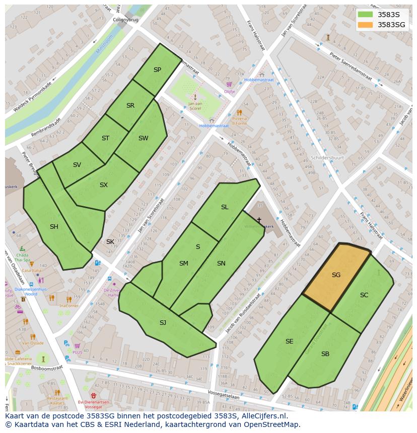 Afbeelding van het postcodegebied 3583 SG op de kaart.