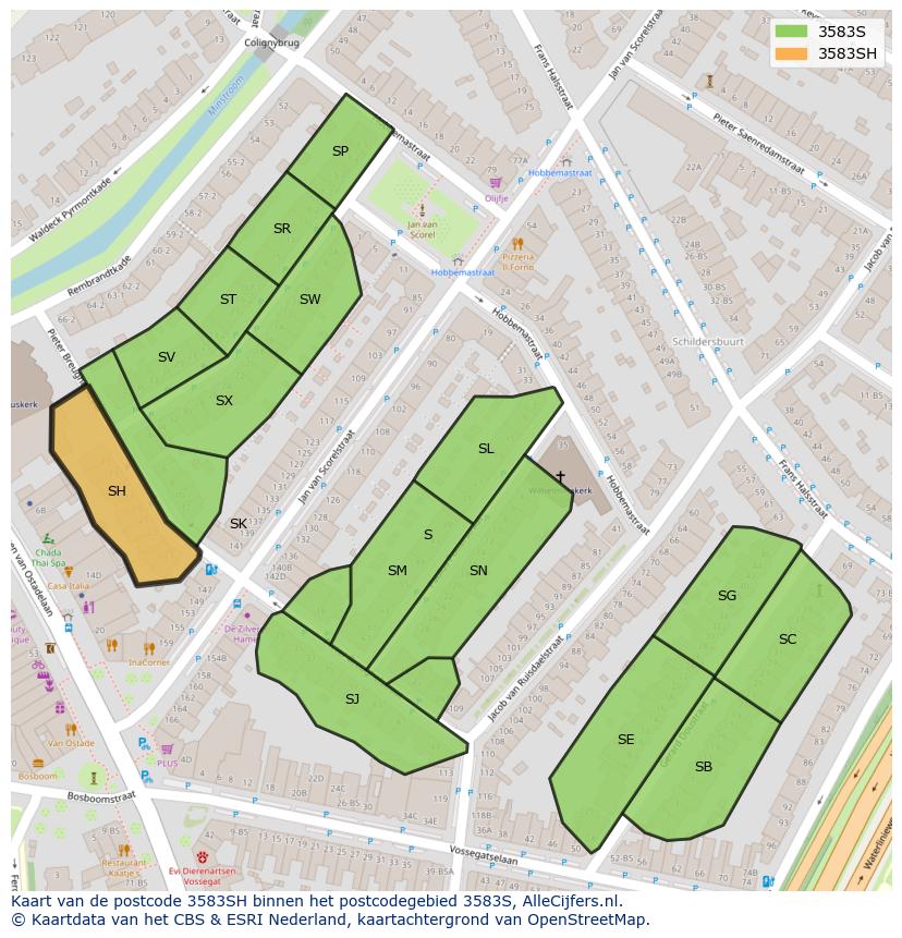 Afbeelding van het postcodegebied 3583 SH op de kaart.