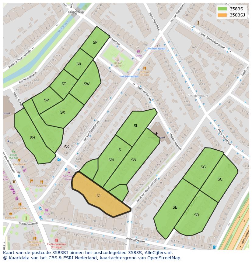 Afbeelding van het postcodegebied 3583 SJ op de kaart.