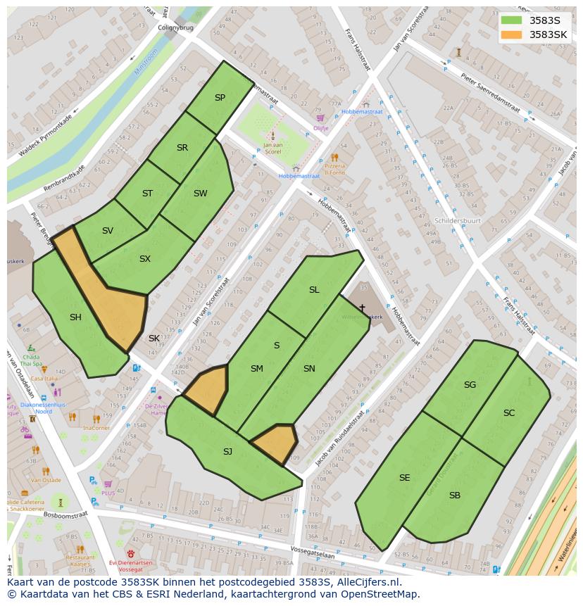 Afbeelding van het postcodegebied 3583 SK op de kaart.