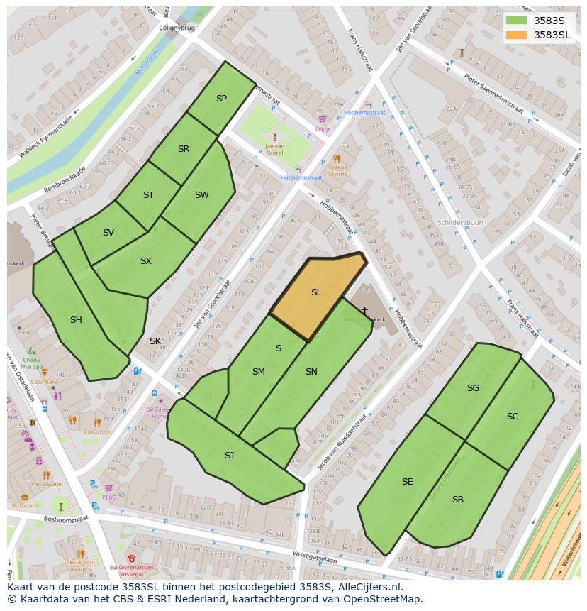 Afbeelding van het postcodegebied 3583 SL op de kaart.