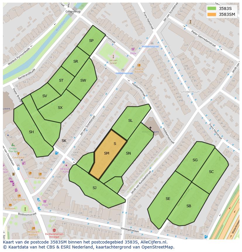 Afbeelding van het postcodegebied 3583 SM op de kaart.