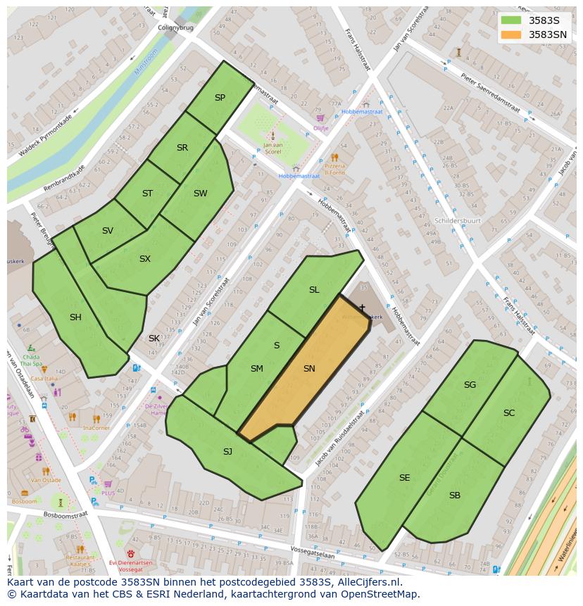 Afbeelding van het postcodegebied 3583 SN op de kaart.