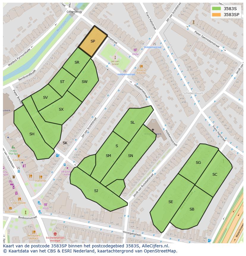 Afbeelding van het postcodegebied 3583 SP op de kaart.