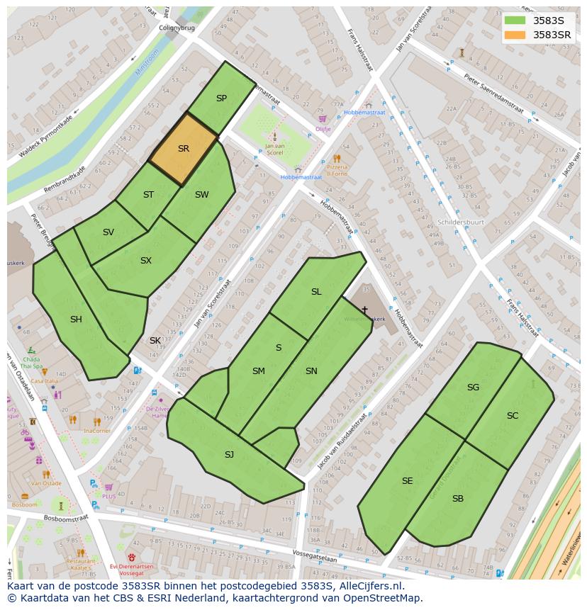 Afbeelding van het postcodegebied 3583 SR op de kaart.