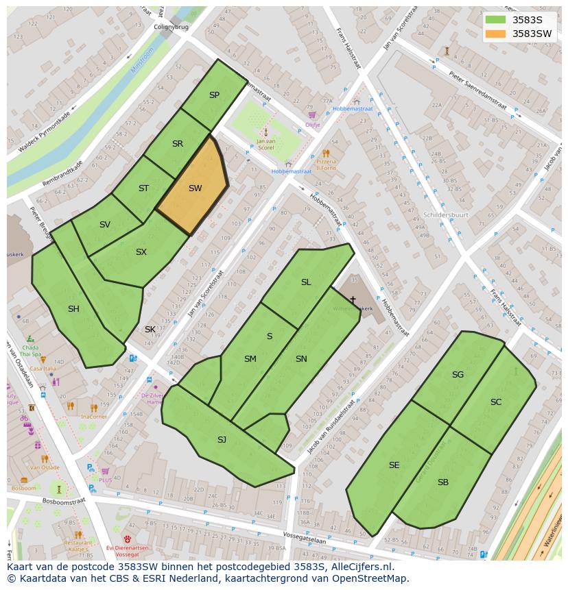 Afbeelding van het postcodegebied 3583 SW op de kaart.