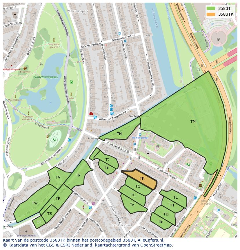 Afbeelding van het postcodegebied 3583 TK op de kaart.
