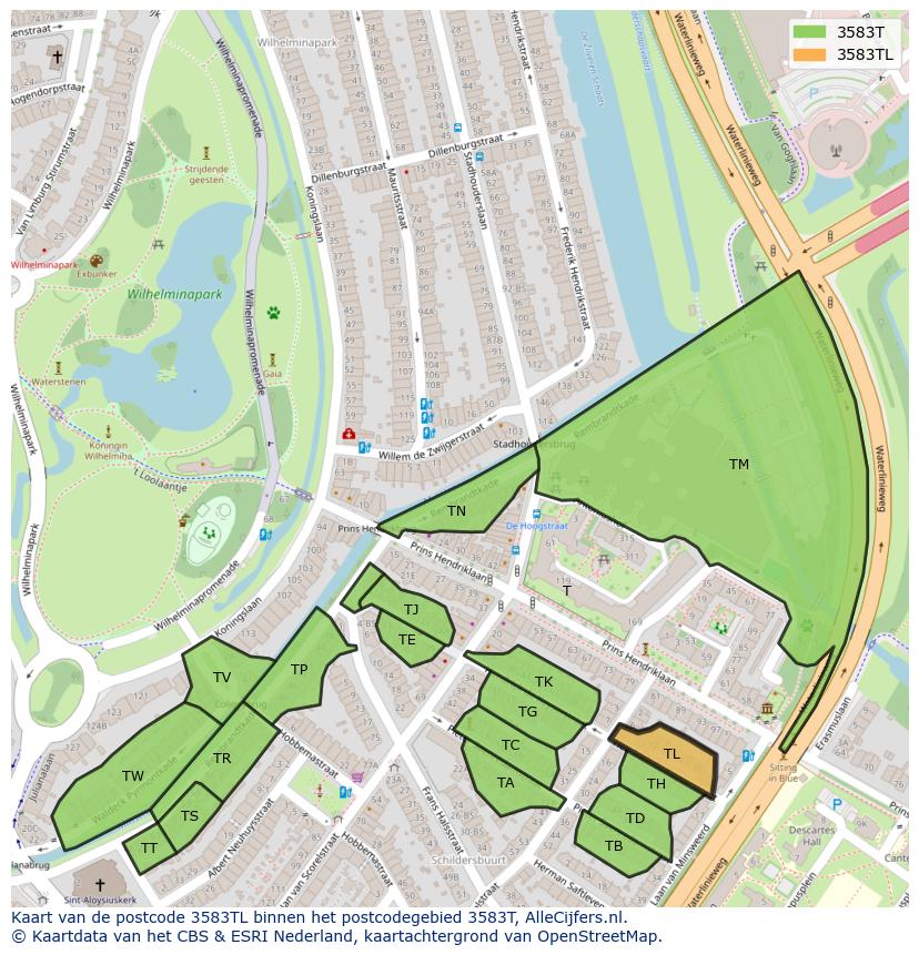Afbeelding van het postcodegebied 3583 TL op de kaart.