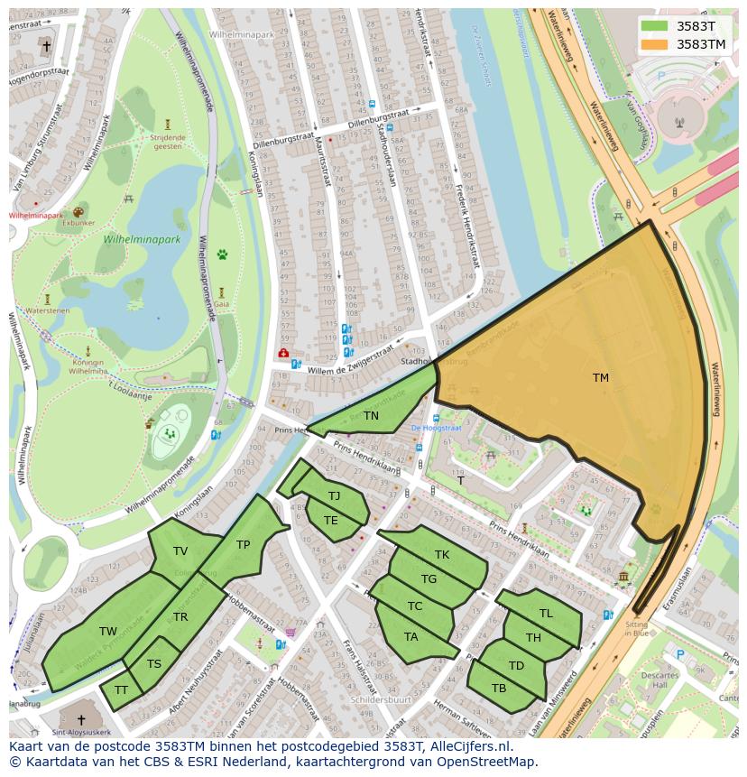 Afbeelding van het postcodegebied 3583 TM op de kaart.