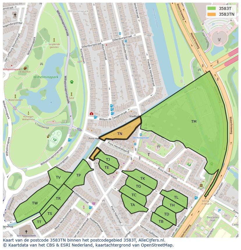Afbeelding van het postcodegebied 3583 TN op de kaart.