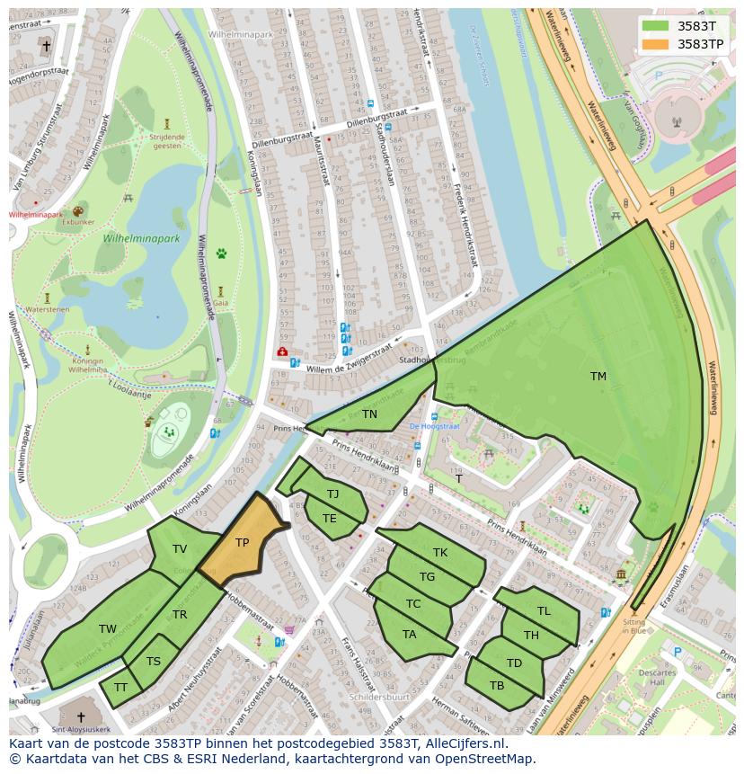 Afbeelding van het postcodegebied 3583 TP op de kaart.