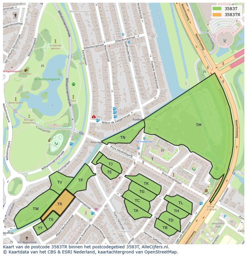 Afbeelding van het postcodegebied 3583 TR op de kaart.