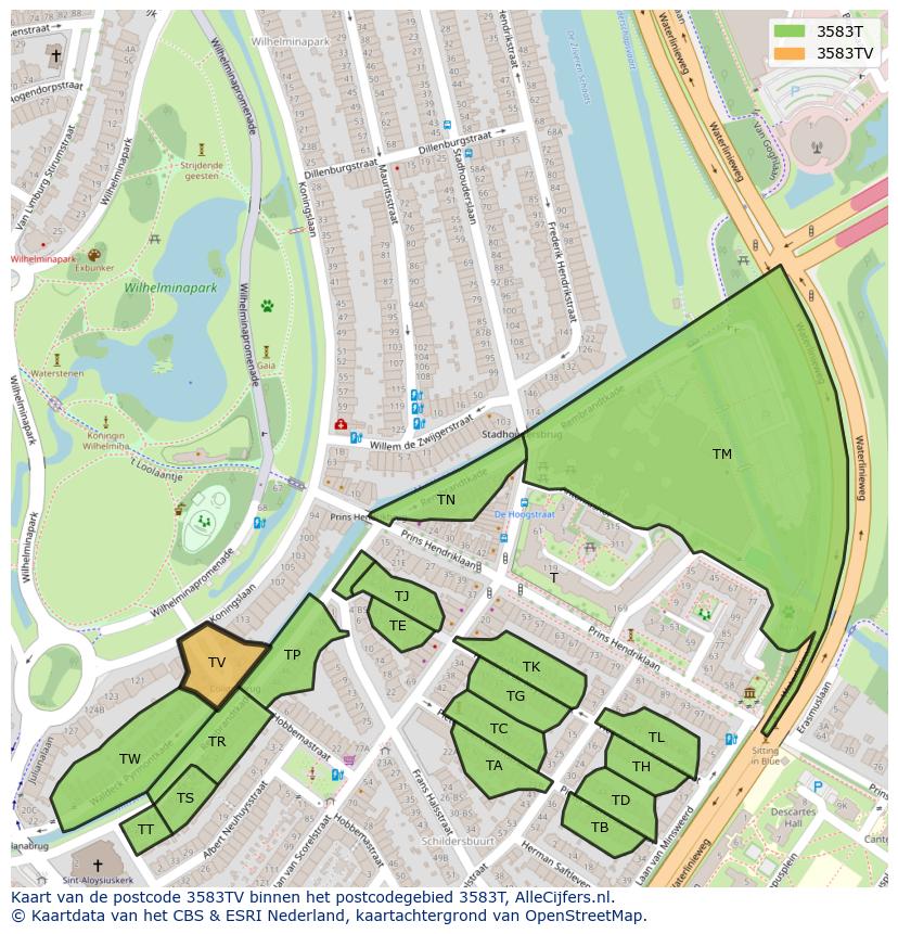 Afbeelding van het postcodegebied 3583 TV op de kaart.