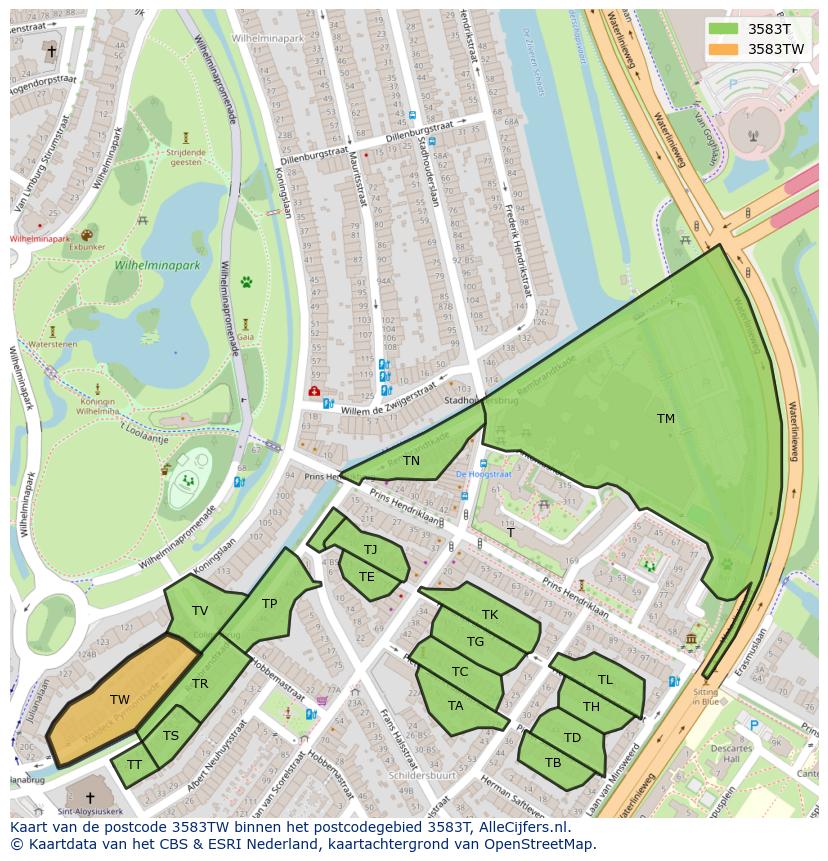 Afbeelding van het postcodegebied 3583 TW op de kaart.