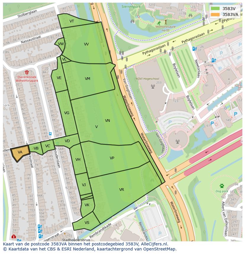 Afbeelding van het postcodegebied 3583 VA op de kaart.