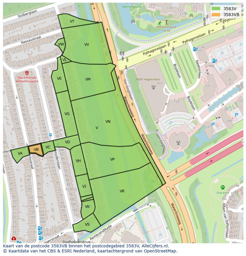 Afbeelding van het postcodegebied 3583 VB op de kaart.