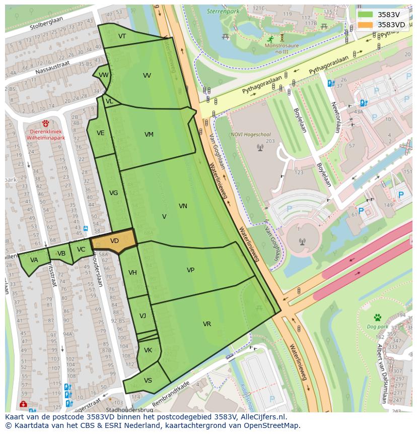 Afbeelding van het postcodegebied 3583 VD op de kaart.