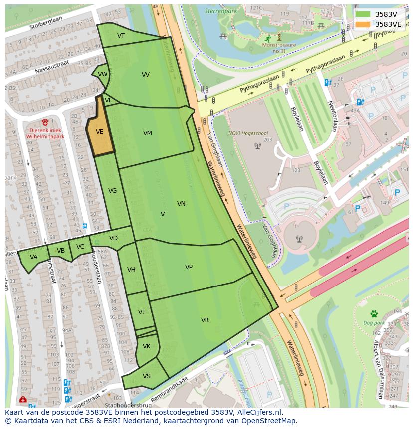 Afbeelding van het postcodegebied 3583 VE op de kaart.