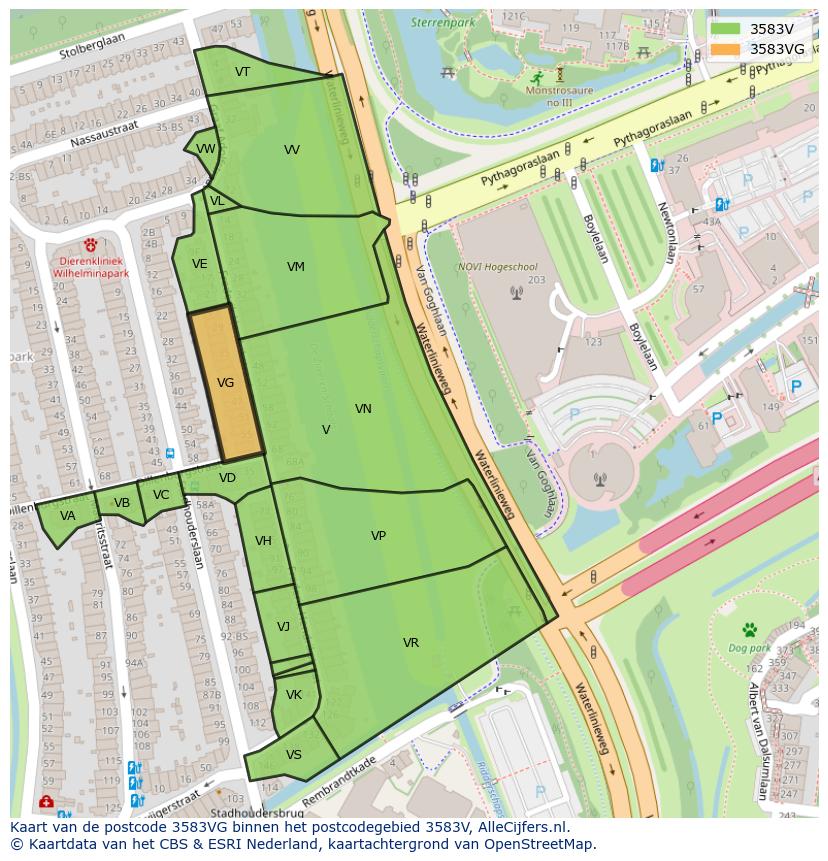 Afbeelding van het postcodegebied 3583 VG op de kaart.