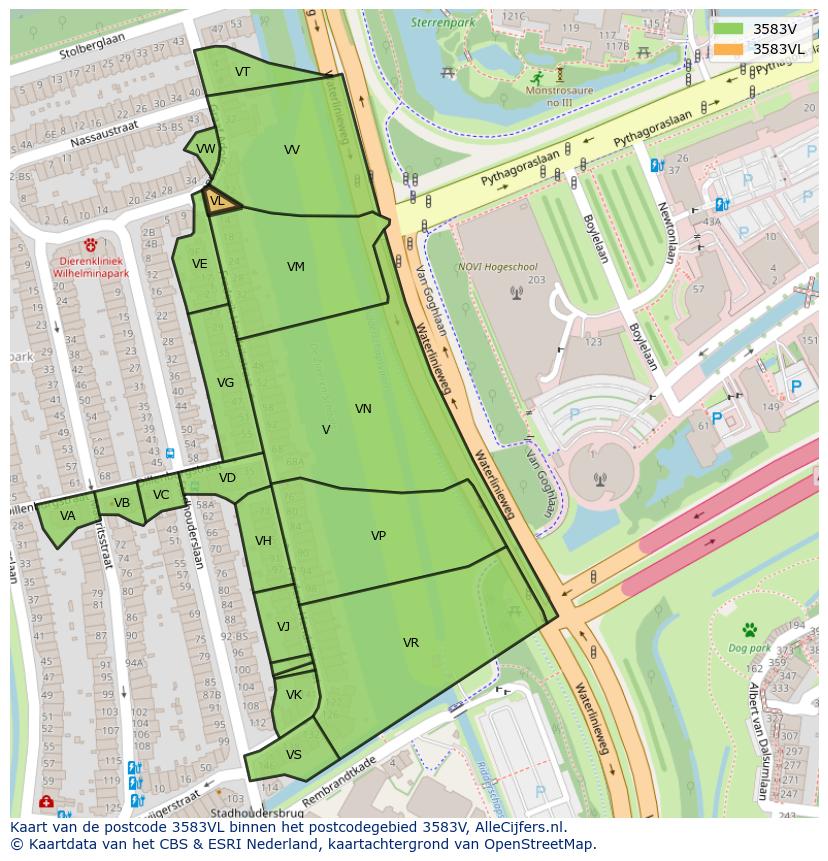 Afbeelding van het postcodegebied 3583 VL op de kaart.