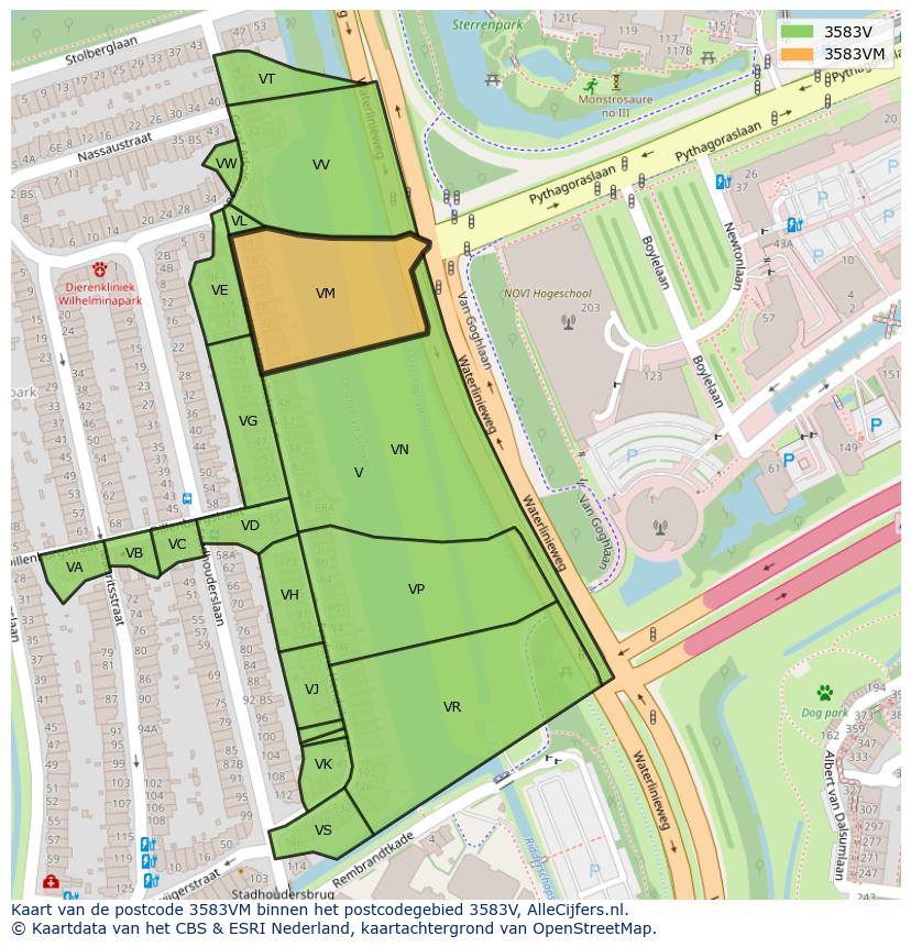 Afbeelding van het postcodegebied 3583 VM op de kaart.