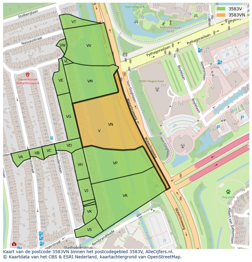 Afbeelding van het postcodegebied 3583 VN op de kaart.