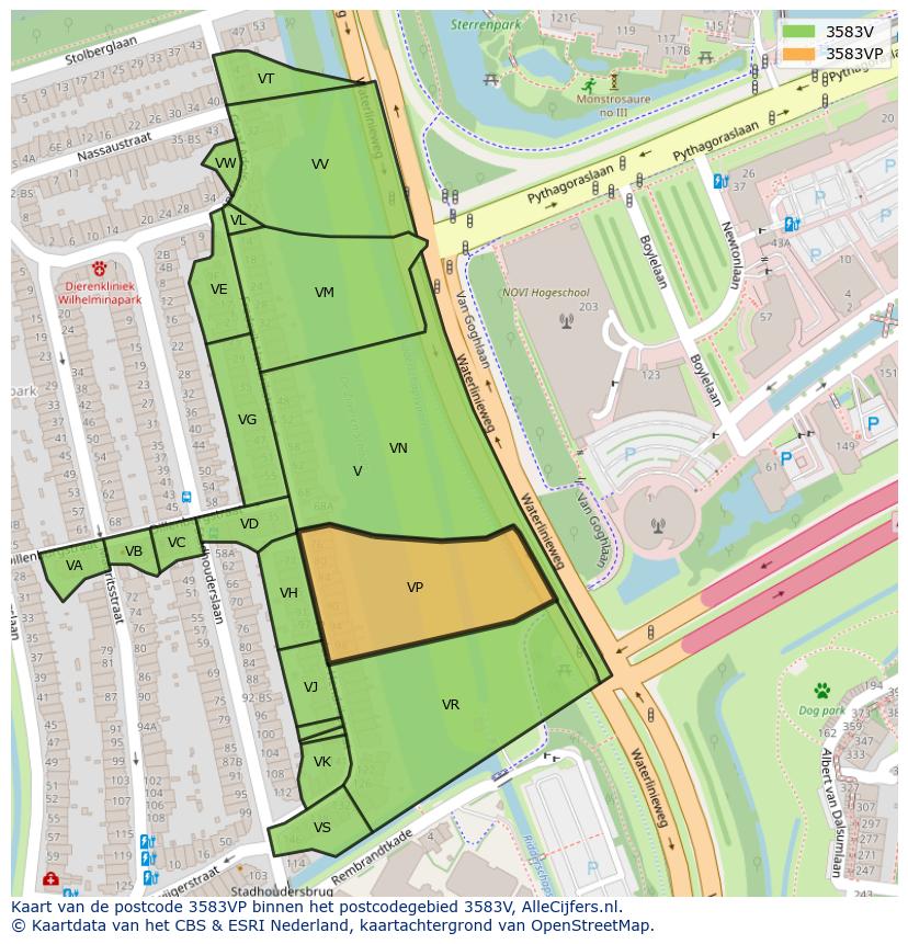 Afbeelding van het postcodegebied 3583 VP op de kaart.