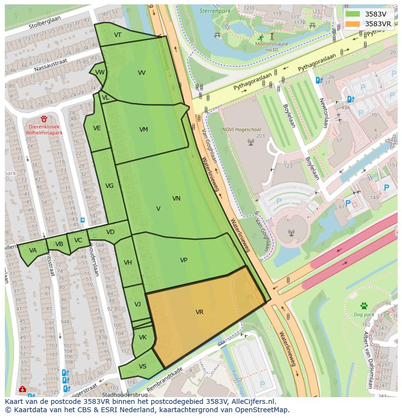Afbeelding van het postcodegebied 3583 VR op de kaart.