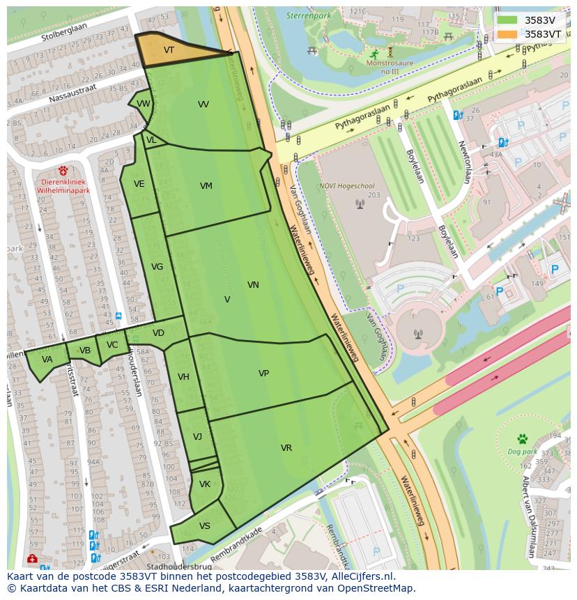 Afbeelding van het postcodegebied 3583 VT op de kaart.