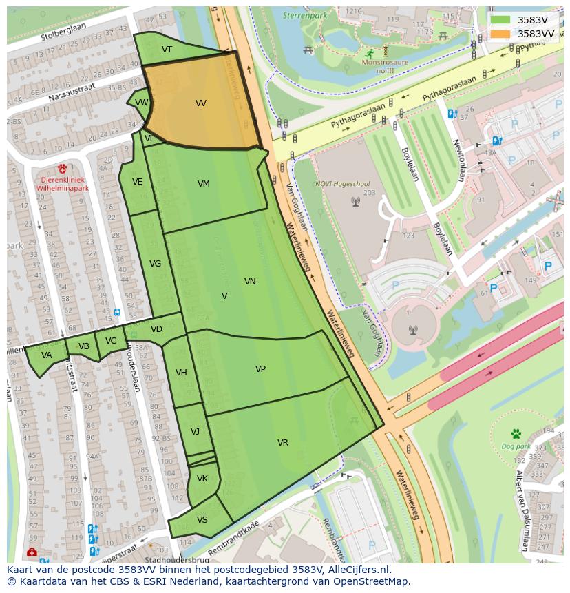 Afbeelding van het postcodegebied 3583 VV op de kaart.