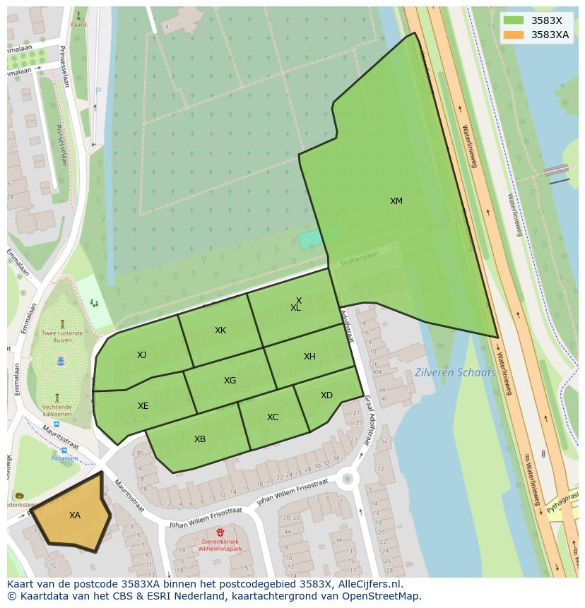 Afbeelding van het postcodegebied 3583 XA op de kaart.