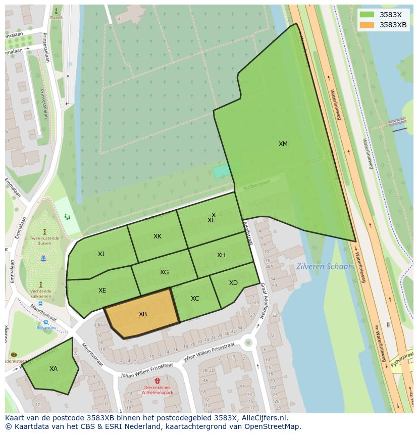 Afbeelding van het postcodegebied 3583 XB op de kaart.