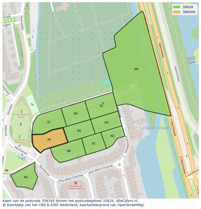 Afbeelding van het postcodegebied 3583 XE op de kaart.