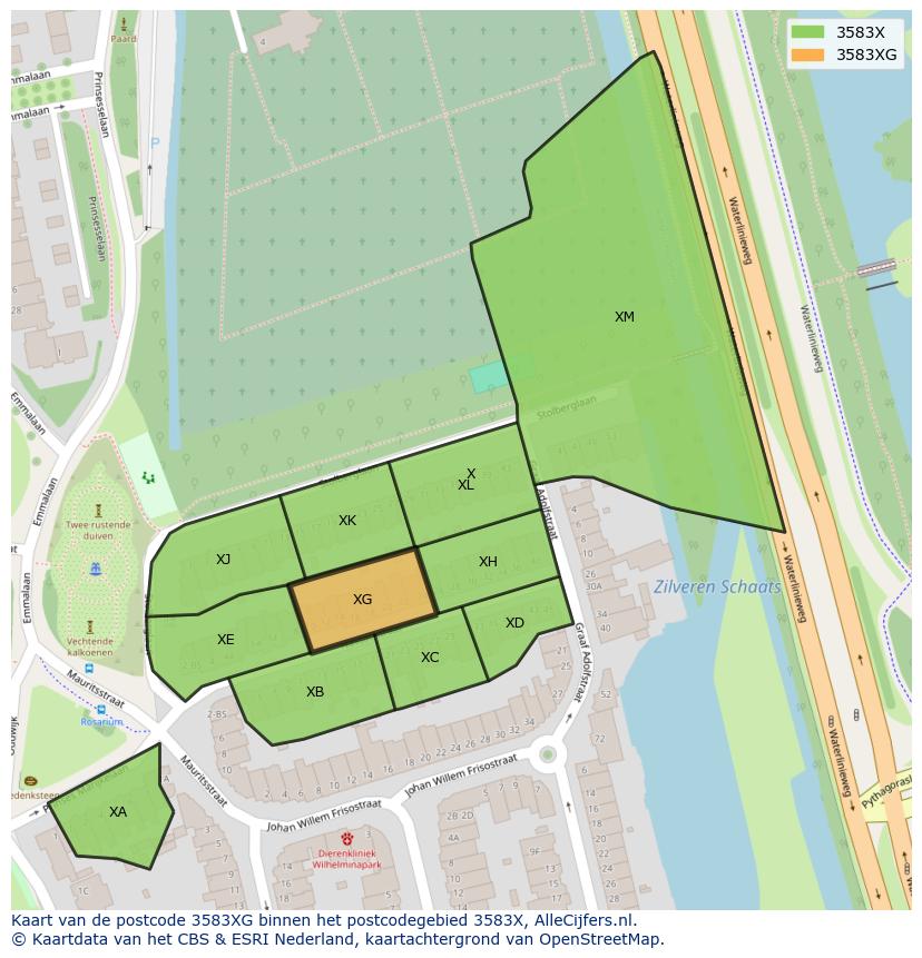 Afbeelding van het postcodegebied 3583 XG op de kaart.