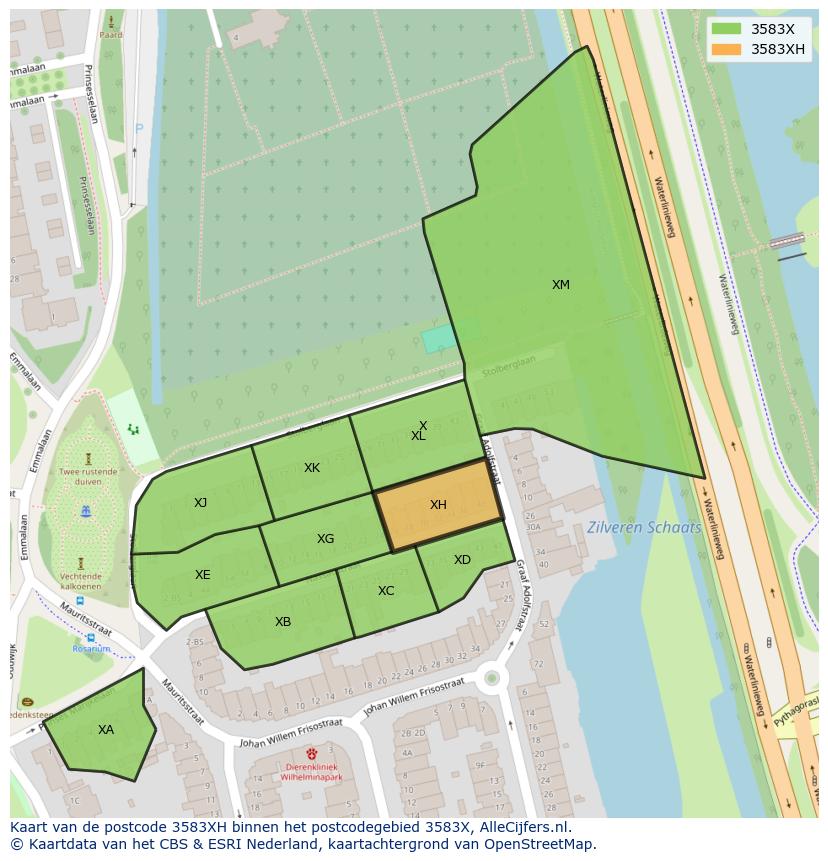 Afbeelding van het postcodegebied 3583 XH op de kaart.