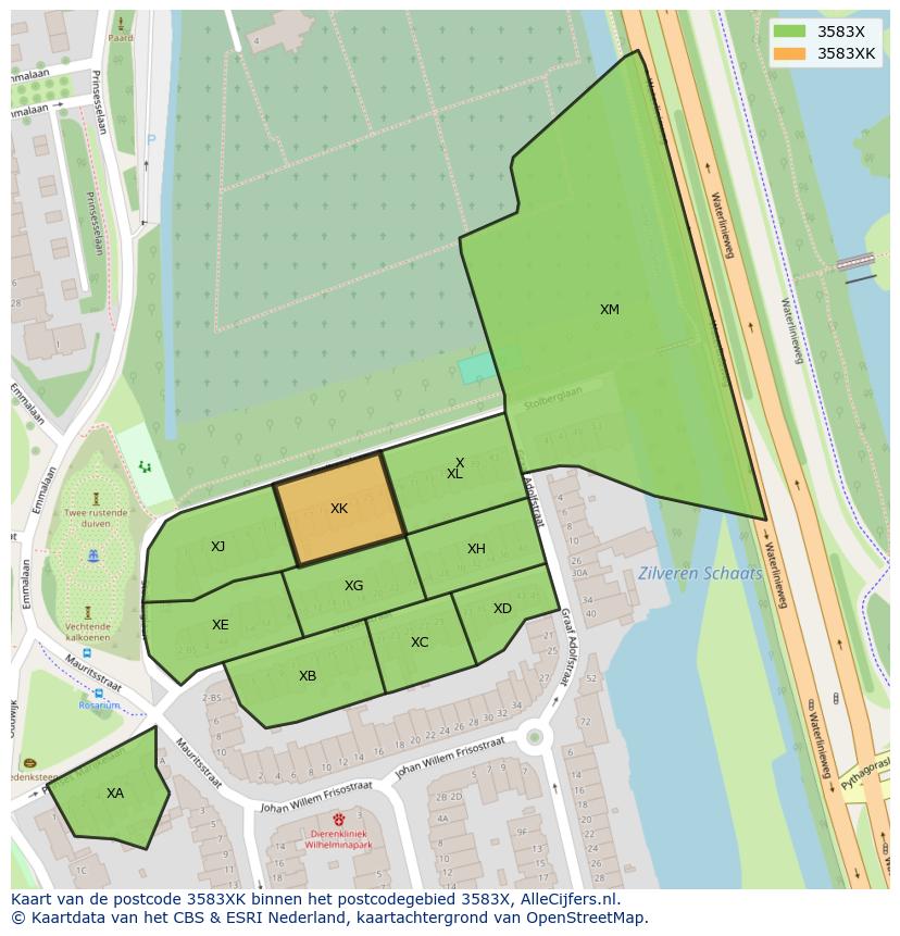Afbeelding van het postcodegebied 3583 XK op de kaart.